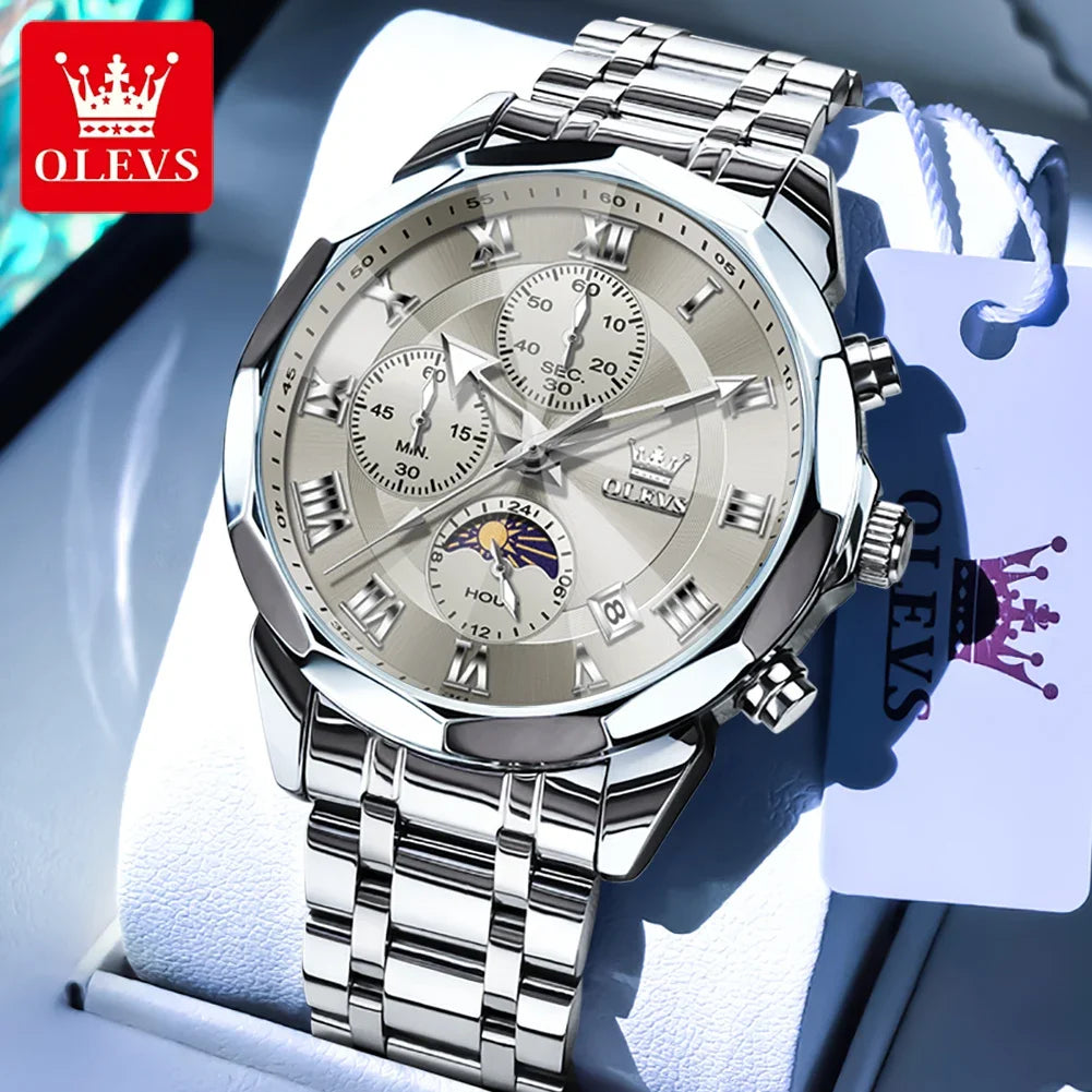 OLEVS 3675 Men's Multifunctional Chronograph Quartz Watch Waterproof Moon Phase Display Fashionable Gift for Men