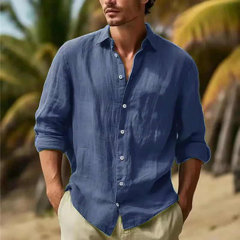 Men's Long-sleeved Top in 2025,Made of Cotton and Linen, Solid Color, Turn-down Collar, in a Casual Style Shirt  linen shirt men