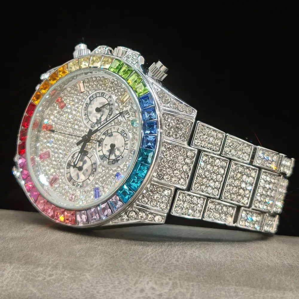 Fashion Ice Watches Men Brand UNIGUET Luxury Stainless Steel Hip Hop Rainbow Diamond Quartz Wristwatch Male Gift Dropshipping