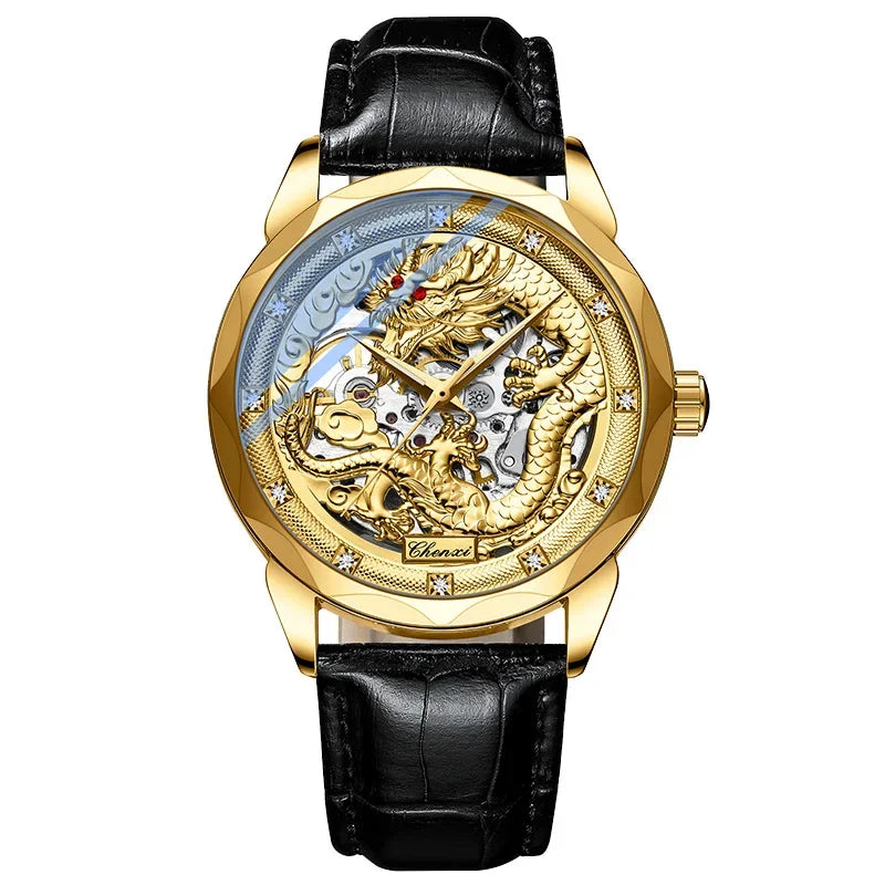 Men's Automatic Mechanical Watch Night Glow Waterproof Relief New Fashion Business Leather Steel Band Luxury Timepiece