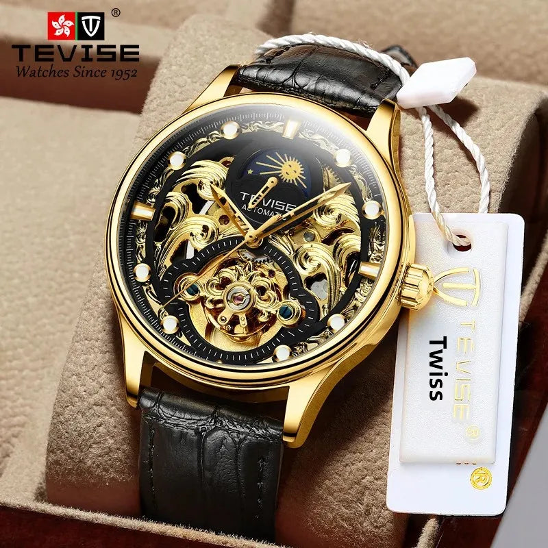 New 2025 Men's Automatic Leather Belt Watch Waterproof Business Casual Mechanical Wristwatch Hollow Design Live Broadcast Delive