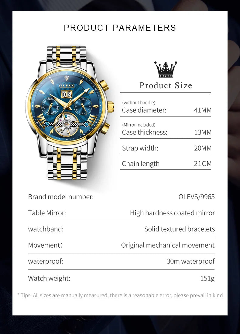 OLEVS Luxury Top Brand Watch for Men Automatic Mechanical Watches Waterproof Stainless Steel Skeleton Design Man Wristwatch