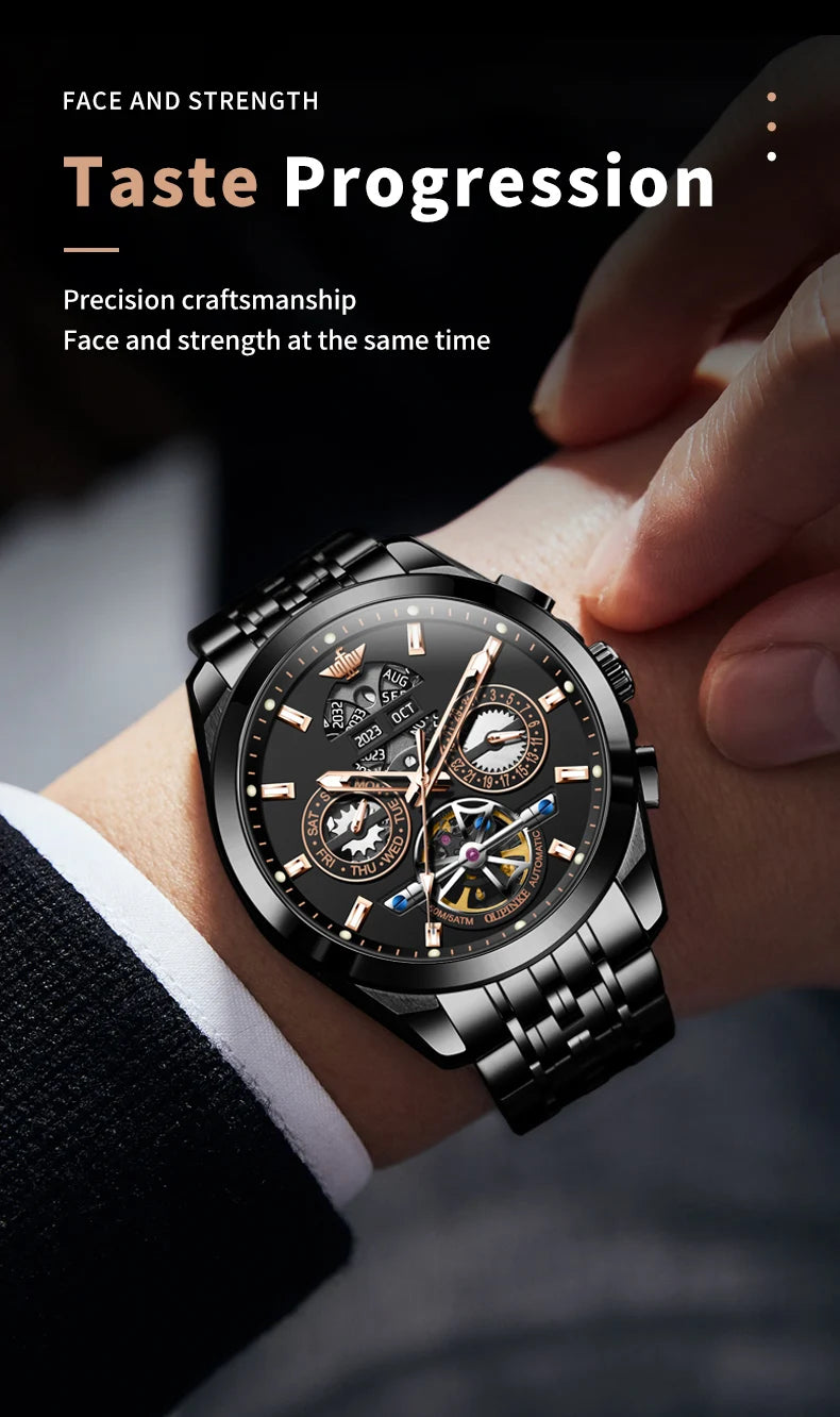 OUPINKE 3251 Mens Watch Luxury Sapphire Glass Tourbillon Mechanical Watch Tungsten Steel 50M Waterproof Watch For Man Gift Box