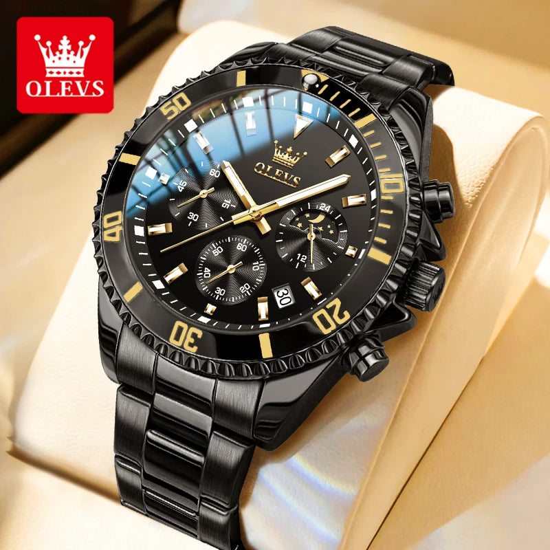 OLEVS Moon Phase Men's Watches Original Waterproof Luxury Quartz Watch Stainless Steel Chronograph Date Rota Dial Wristwatch