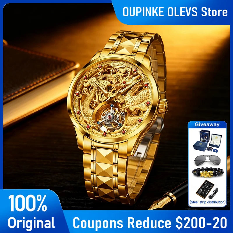 OUPINKE 3176 Mens Watch Luxury Top Brand Skeleton Flywheel Automatic Mechanical Watch 50M Waterproof Watch Gold Dragon Dial