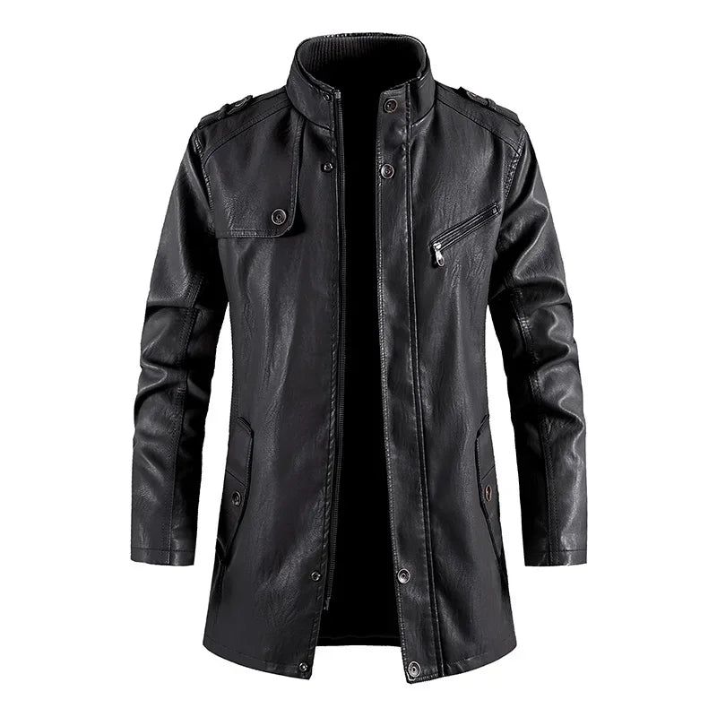 Coat Long Outwear Fashion Warm Casual Vintage Clothing Men Biker Jackets New Mens Long Slim Thick Fleece Winter Leather Jacket