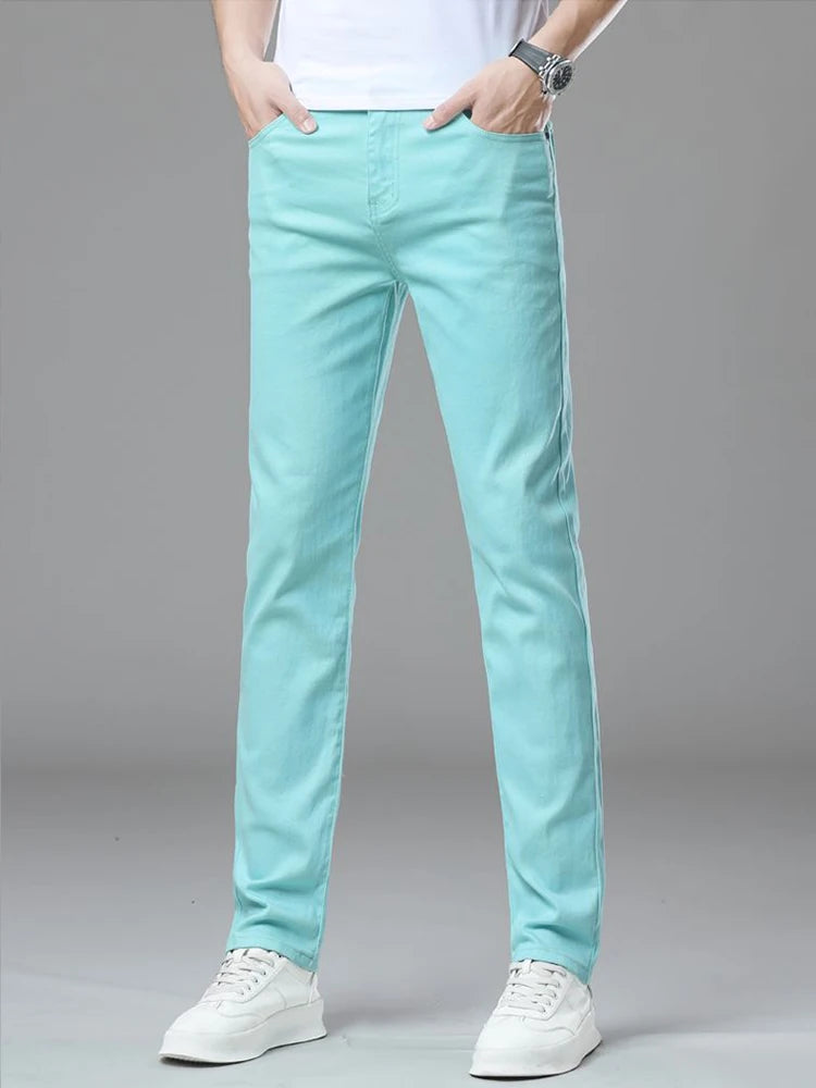 Men's Pink Jeans Spring Summer New Comfortable Elastic Fitted Straight Denim Trousers Fashion Korean Male Casual Pants