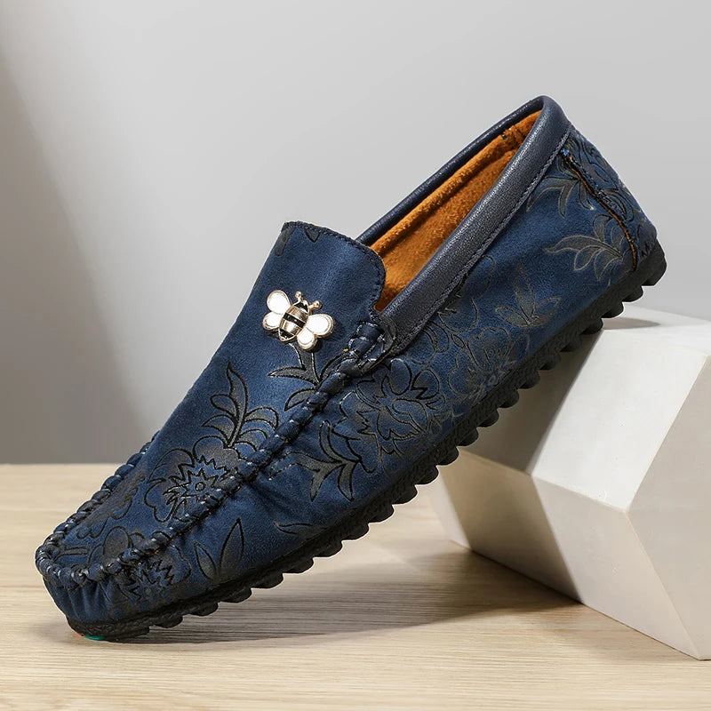 Autumn Fashion Flower Print Men's Loafers Oversized Leather Flat Shoes Men's Lightweight Driving Shoes