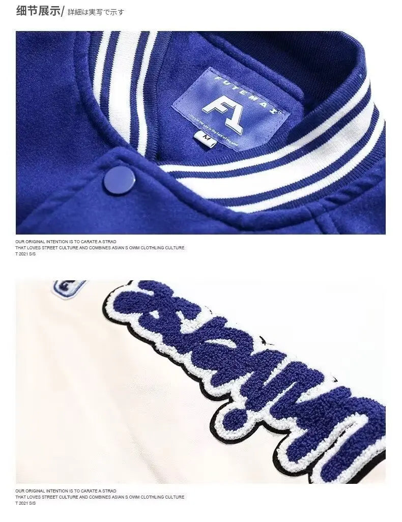 2025 New Vintage Baseball Jacket Men Women Couple Klein Blue PU Sleeves Baseball Bomber Jacket Men's Outwear Fashion Coat Man