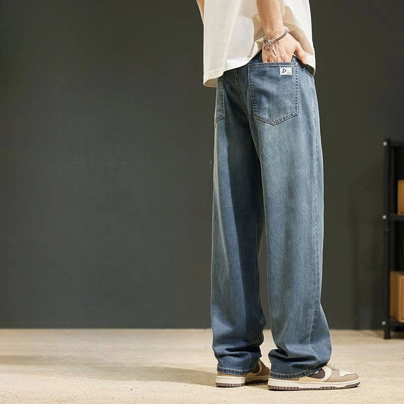 Baggy Jeans Summer Men's Jeans Baggy Soft Drape Loose Comfortable Wide-leg Ice Silk Pants Retro Elastic Casual Denim Trousers