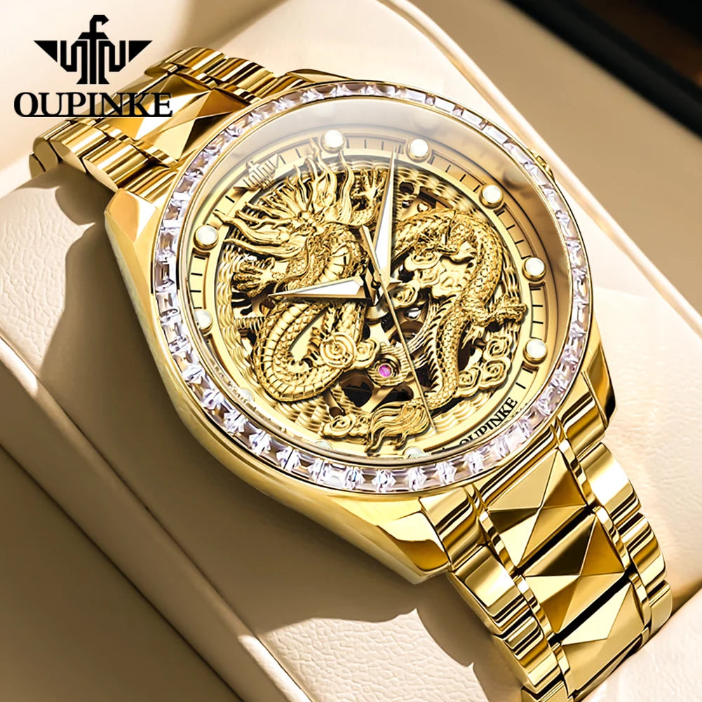 OUPINKE Men's Watches Top Brand Luxury Gold Tungsten Steel Original Automatic Mechanical Wristwatch Featured Dragon Pattern Dial