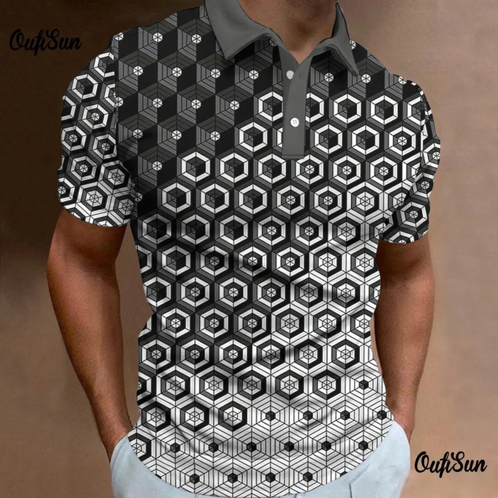 Men's Polo Shirt Fashion 3d Abstract Mesh Print High Quality Men Tops Loose Golf Sweatshirt Oversize Button Polo T-Shirt For Men