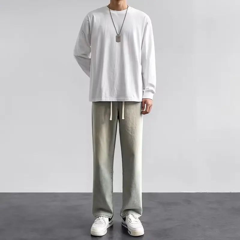 2025 new men's clothing European and American loose denim wide leg pants slim fit high waisted men's straight leg jeans
