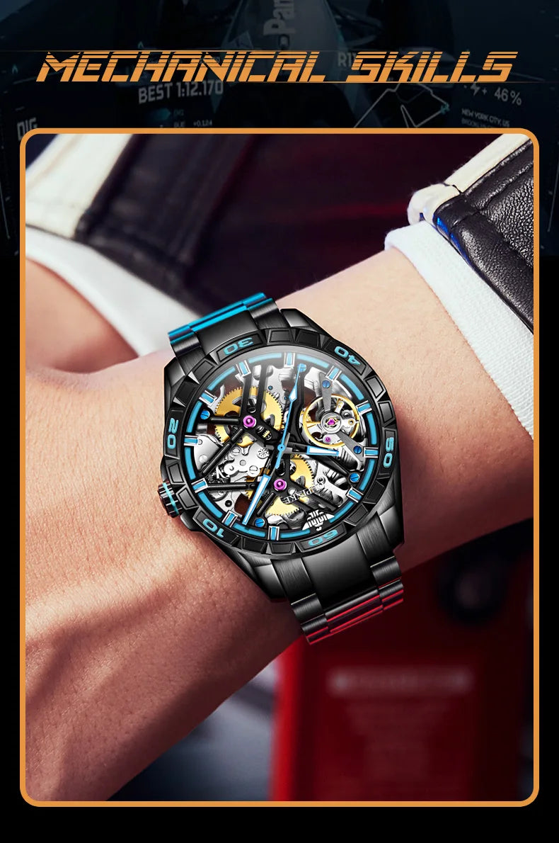 OUPINKE 3196 Luxury Business High Quality Mens Watch Skeleton Automatic Mechanical Watch 50M Waterproof Luminous Sports Watches