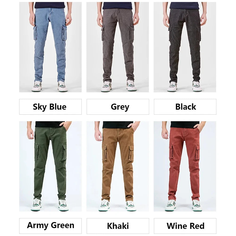 Men's Street Style Elastic Waist Denim Cargo Pants Solid Color Washed Slim Fit Casual Jeans with Multiple Pockets for Daily Wear
