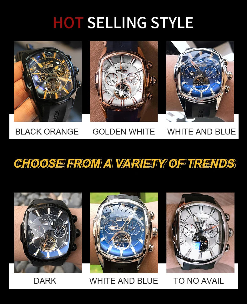 Reef Tiger 316L Stainless Steel Wine Barrel Automatic Watch Fashion Mulitfunction Tourbillon Mechanical Watches for Men RGA3069