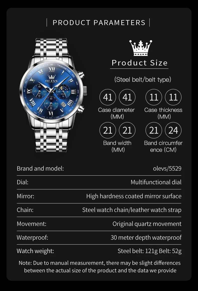 OLEVS 5529 Luxury Quartz Watch For Men Roman Scale Moon Phase Chronograph Man Watches Waterproof Luminous Calendar Wrist Watch