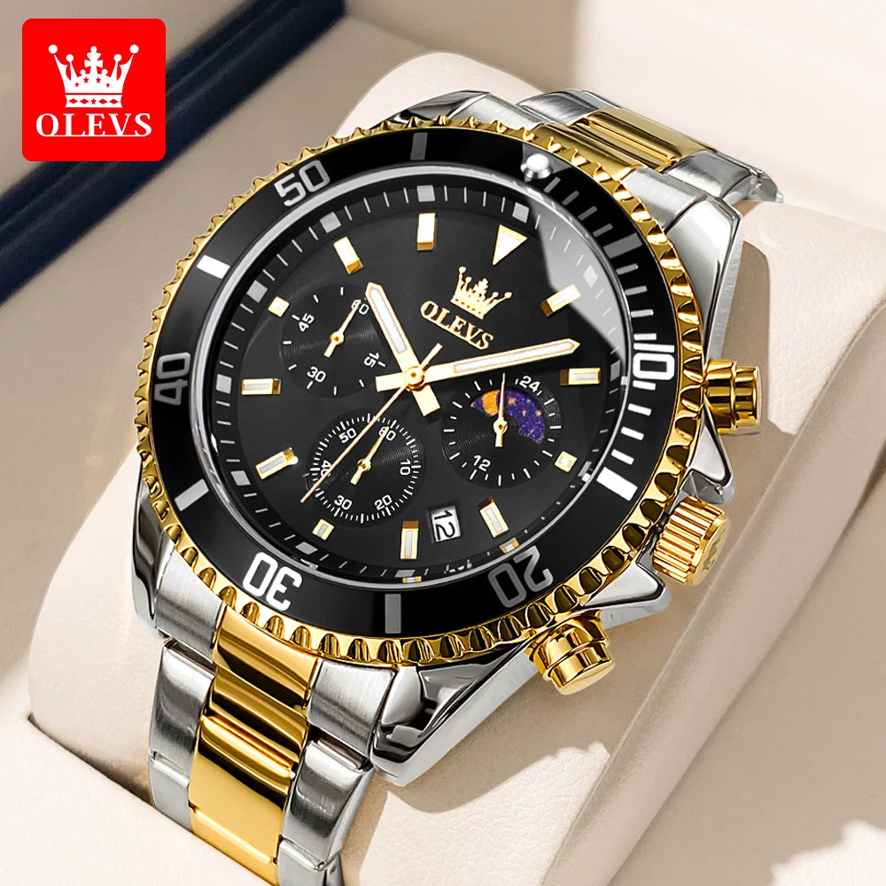 OLEVS Moon Phase Men's Watches Original Waterproof Luxury Quartz Watch Stainless Steel Chronograph Date Rota Dial Wristwatch