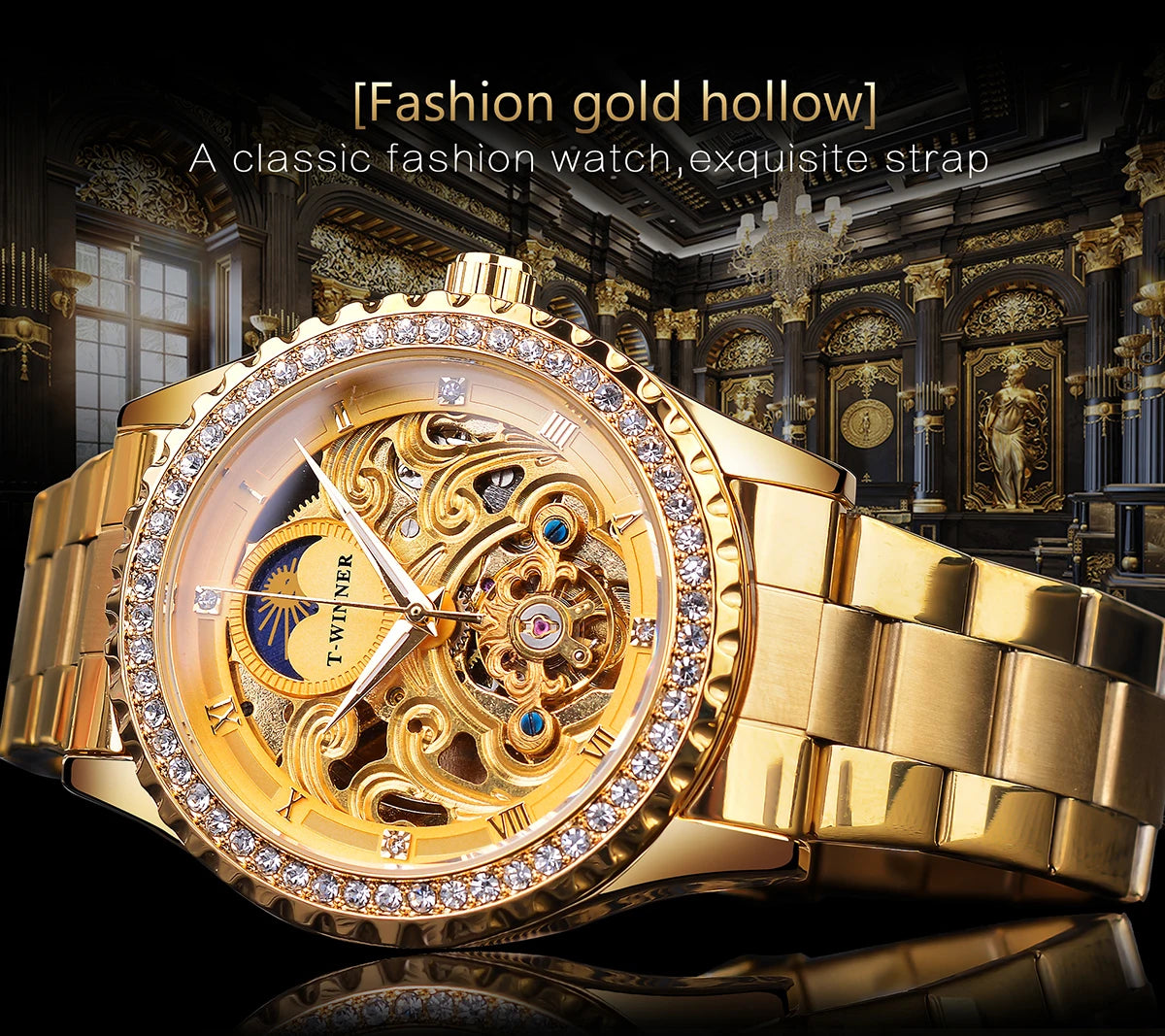Winner Brand Golden Moon Phase Design Luxury Retro Style Diamond Full Stainless Steel Skeleton Tourbillon Men Automatic Watches