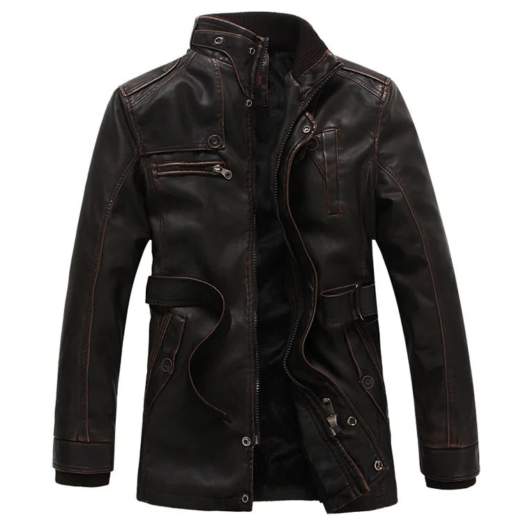 Men's Fashion Leather Long Jacket Men New Casual Vintage Blazer Winter Thick Motorcycle Biker Coat Men's Brand Design PU Jacket