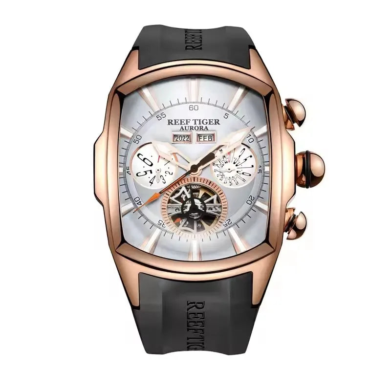 Reef Tiger 316L Stainless Steel Wine Barrel Automatic Watch Fashion Mulitfunction Tourbillon Mechanical Watches for Men RGA3069