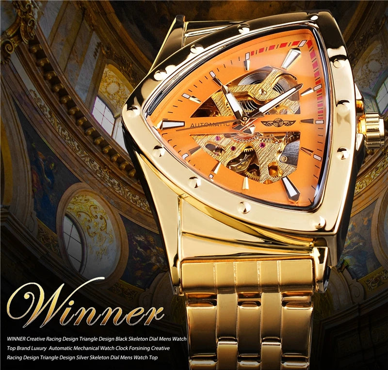 Winner 395S Premium Men's Luxury Automatic Mechanical Watch Stainless Steel Hollow Triangle Skeleton Dial Casual Men's Clock