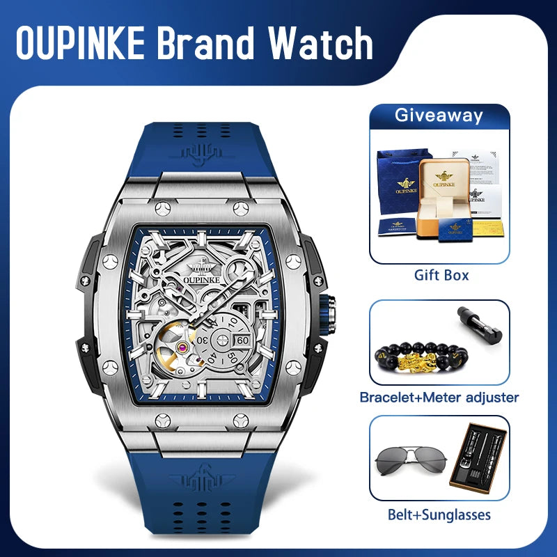 OUPINKE 3213 Mens Watch Skeleton Automatic Mechanical Watch 50M Waterproof Silicone Strap Sports Watch Sapphire Lens Gift Box