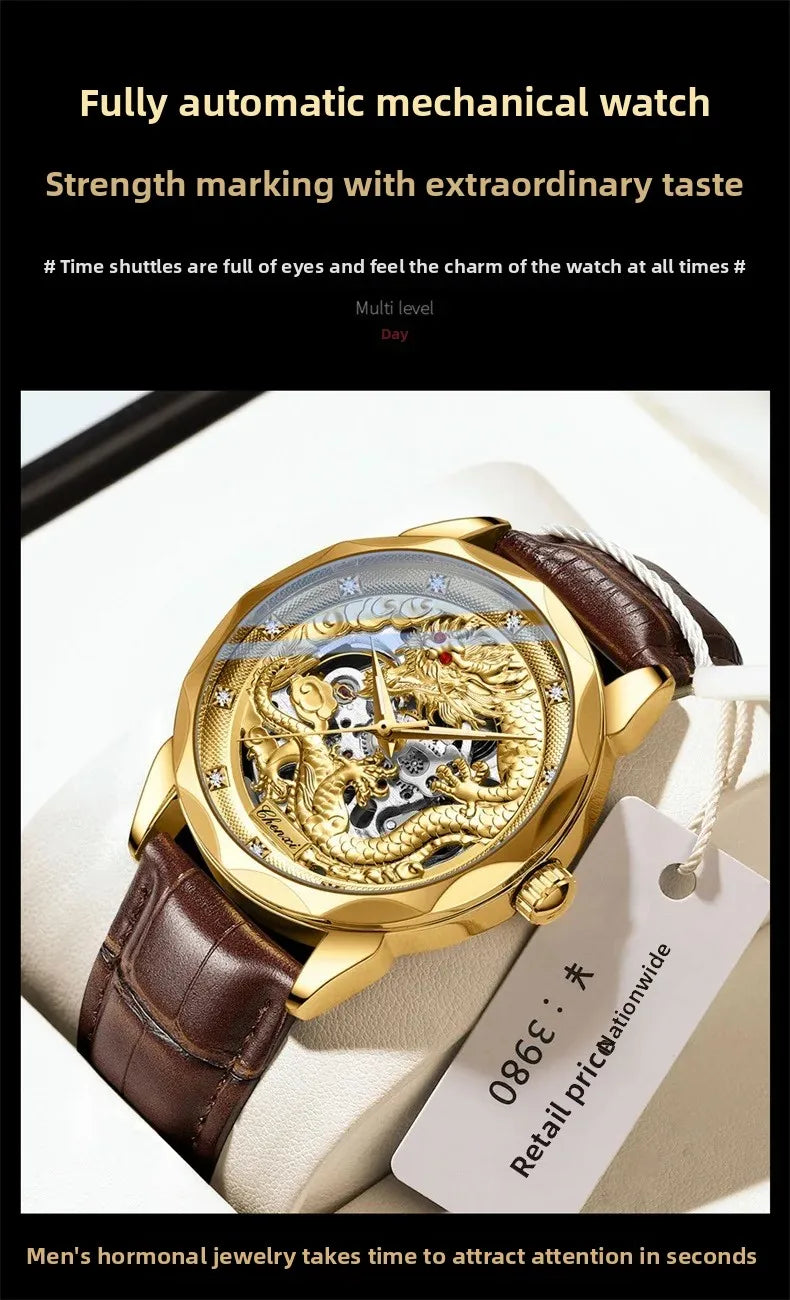 Men's Automatic Mechanical Watch Night Glow Waterproof Relief New Fashion Business Leather Steel Band Luxury Timepiece