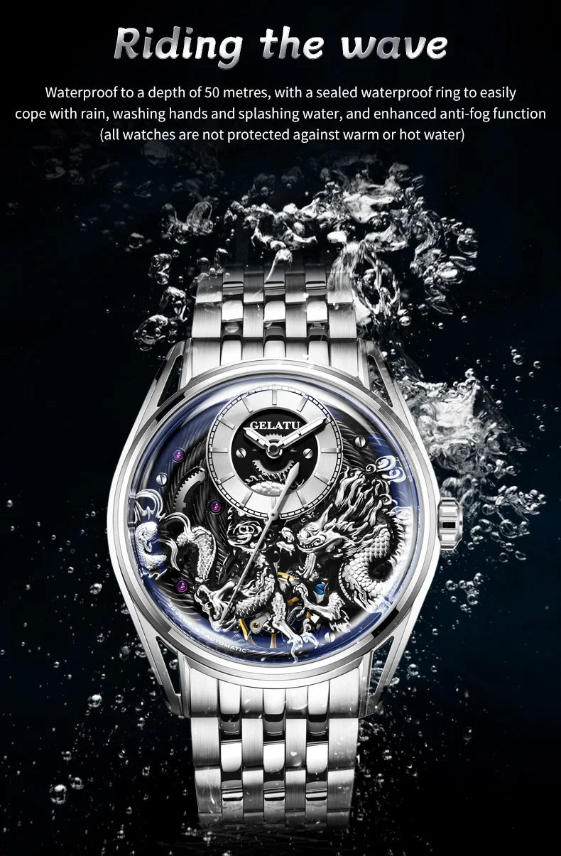 GELATU 6018 Men's Watch Top Brand Original Mechanical Watch For Men 50M Waterproof Luxury Hollow Dragon Automatic Wristwatch