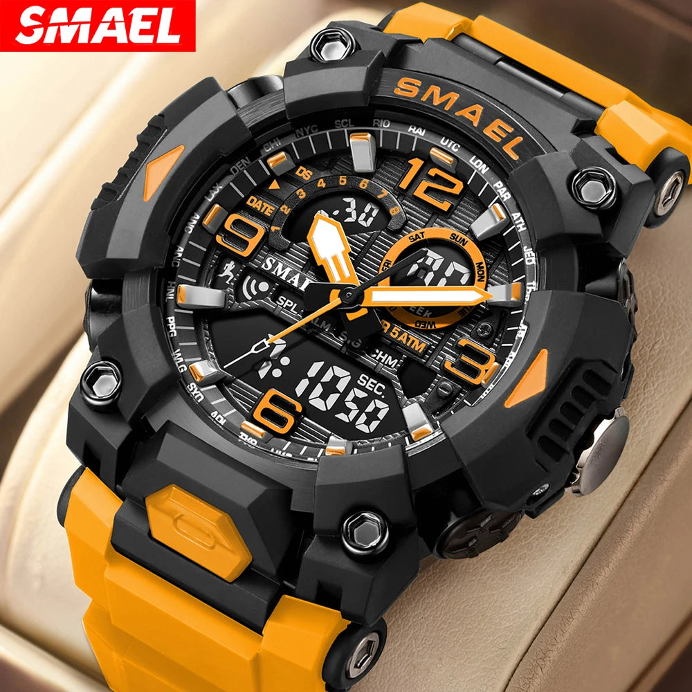 SMAEL Fashion Sports Casual Electronic Man Watch Dual Digital Display Silicone Strap Luminous Waterproof Alarm Watches for Men