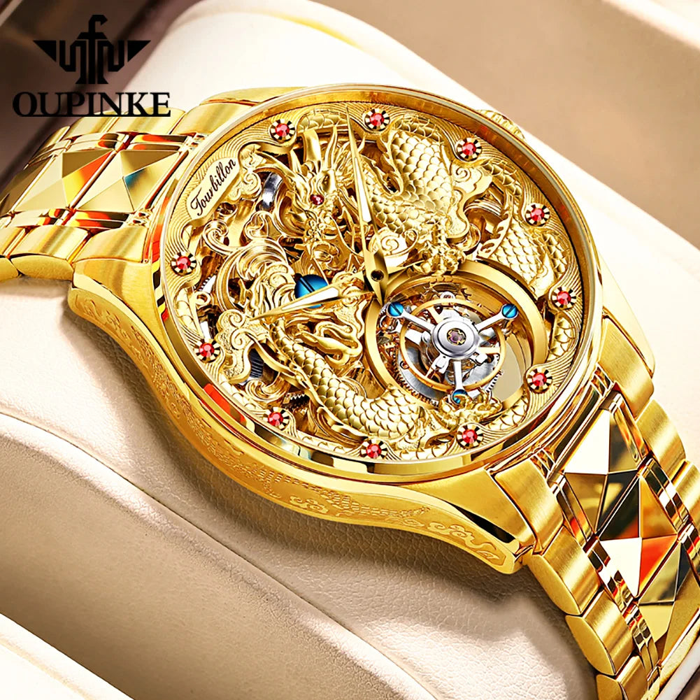 OUPINKE Top Luxury Men's Watches Original Tourbillon Mechanical Movement Sapphire Mirror Golden Dragon Pattern Dial Ruby Scale
