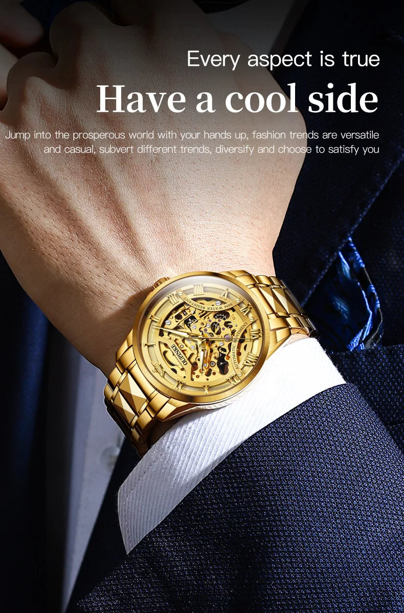 OUPINKE 3210 Gold Men Fully Automatic Mechanical Watch High end Original 3D Hollow Design Waterproof Luminous Men Watch Luxury