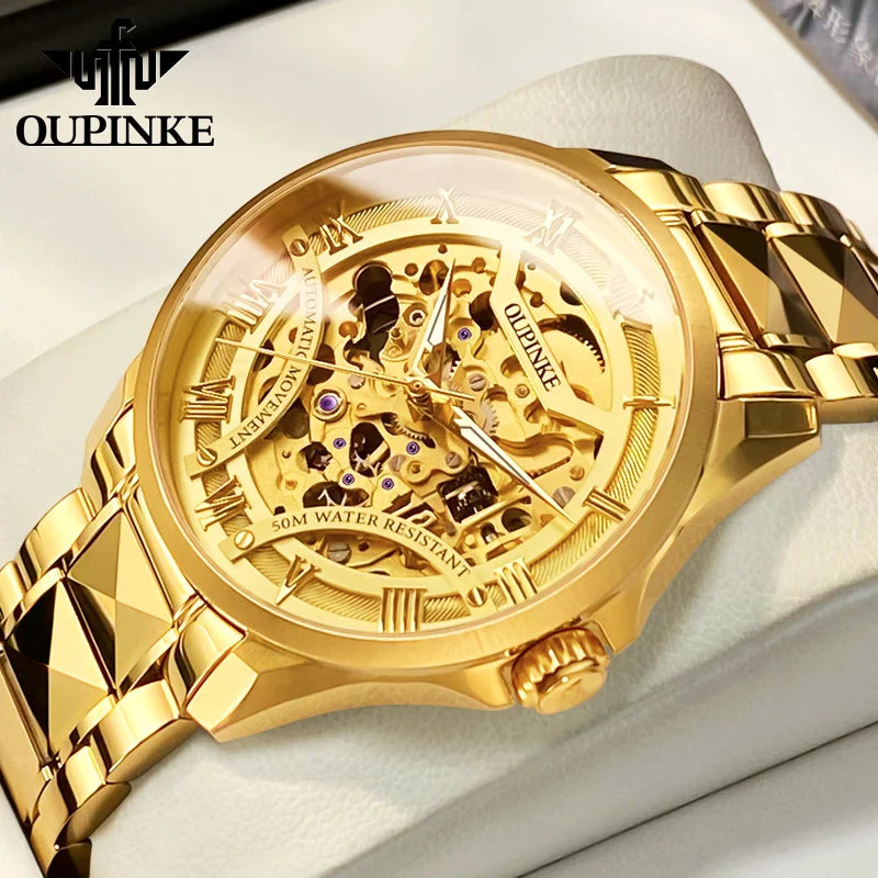 OUPINKE 3210 Gold Men Fully Automatic Mechanical Watch High end Original 3D Hollow Design Waterproof Luminous Men Watch Luxury