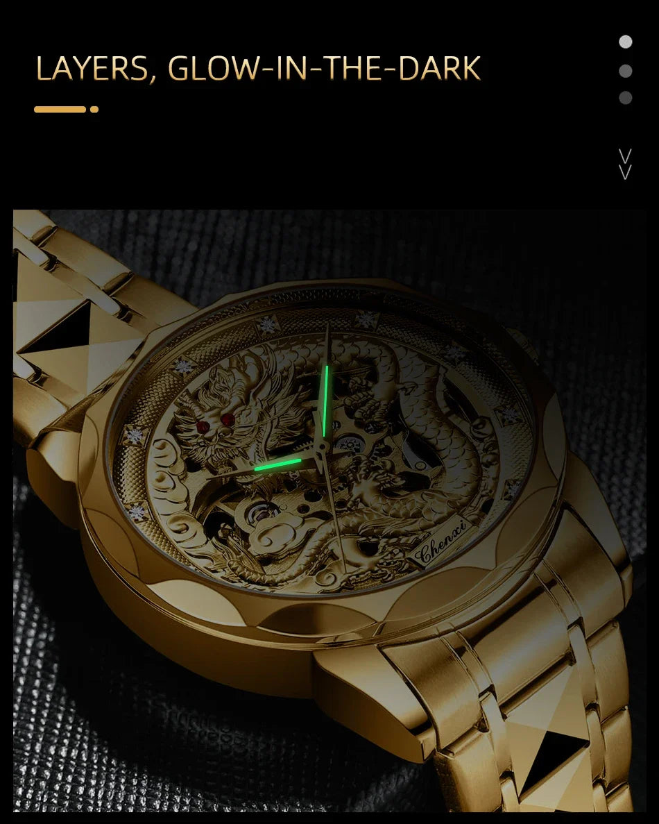 Chenxi 8899 Chinese Nation Culture And Art 3d Embossed Dragon Pattern Gold Automatic Mechanical Stainless Steel Watches For Men