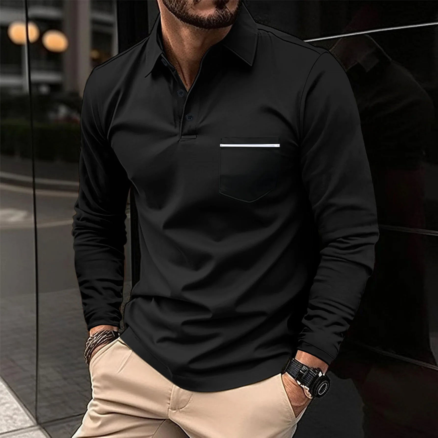New men's casual long-sleeved polo shirt - solid-colored lapel polo shirt, stylish, breathable, comfortable and versatile top.