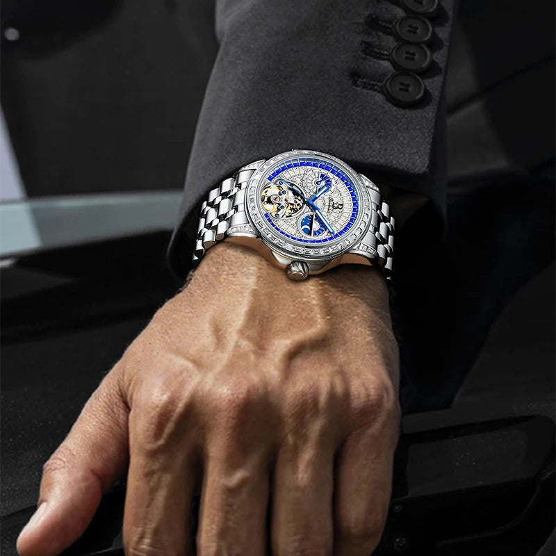 BRUBOSES Men's Skeleton Automatic Mechanical Winding Watch Stainless Steel Sapphire Crystal Waterproof Fashion Sports Watch