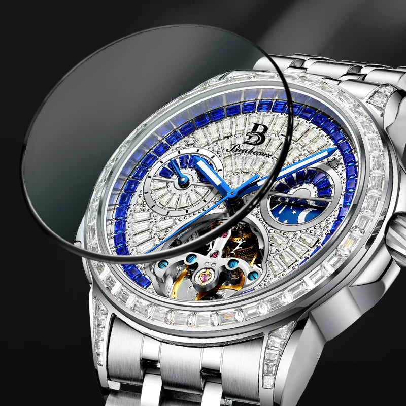 BRUBOSES Men's Skeleton Automatic Mechanical Winding Watch Stainless Steel Sapphire Crystal Waterproof Fashion Sports Watch