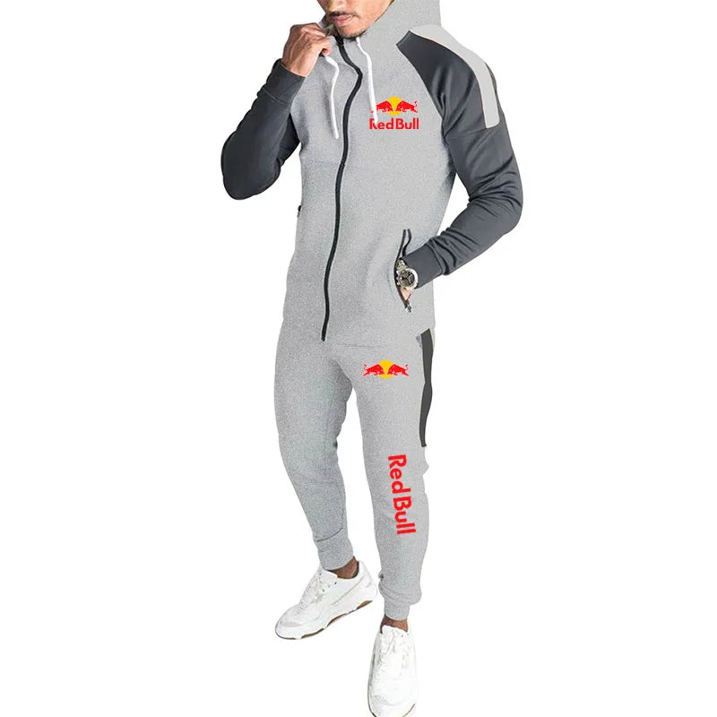 2025 New Red Bull Logo Racing Suit Men's Outdoor Sports Set Running Hooded Jacket Sweatshirt Sports Pants Two-Piece Training Set