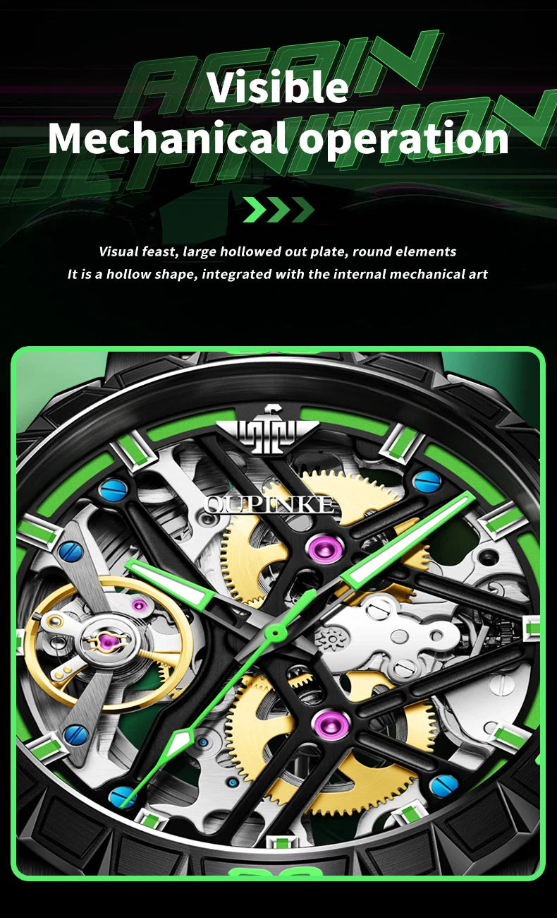 OUPINKE 3196 Fully Automatic Mechanical Watch Men Stainless steel Waterproof Green Night Light High-end Wristwatch Man