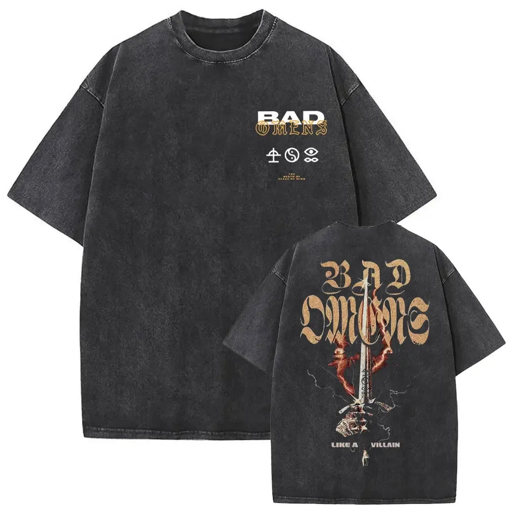 Washed Vintage Bad Omens Print T-shirt Funny Moth Graphic Tshirt Men Women Fashion Hip Hop Streetwear Short Sleeve T-shirts Male