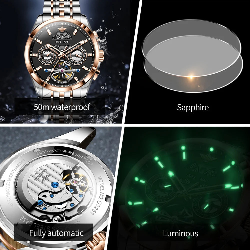 OUPINKE 3251 Mens Watch Luxury Sapphire Glass Tourbillon Mechanical Watch Tungsten Steel 50M Waterproof Watch For Man Gift Box