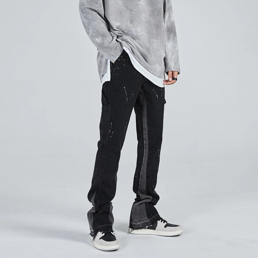 Vintage Mens Flared Leg Jeans Denim Hip Hop Splashing Ink Wide Leg Jean Pants Black Fashionable Retro Streetwear Baggy Jeans Y2k