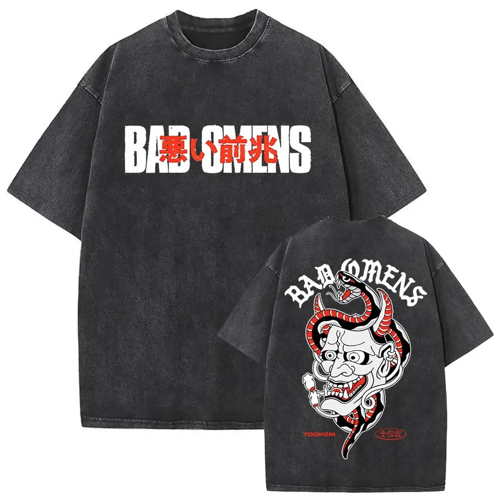 Washed Vintage Bad Omens Print T-shirt Funny Moth Graphic Tshirt Men Women Fashion Hip Hop Streetwear Short Sleeve T-shirts Male