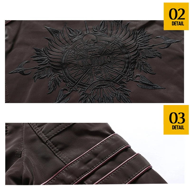 Motorcycle Leather Jacket Men Winter Warm Casual Embroidered Jacket Multi Pocket Retro Handsome Windproof Jacket Man Must Have