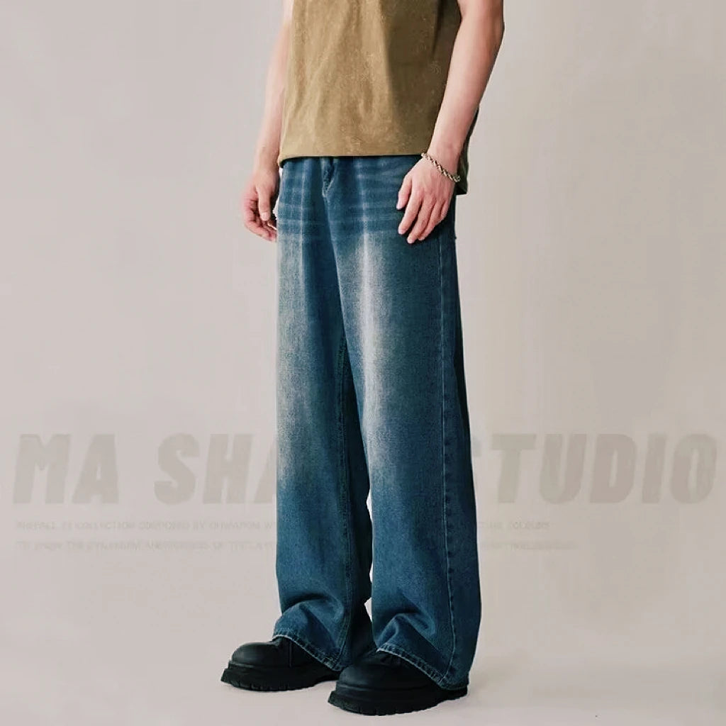 Men's New Denim Pants Old Blue Black Washed Spring Autumn Male Jeans Straight Casual Menwear Loose Wide Leg Trousers New Fashion