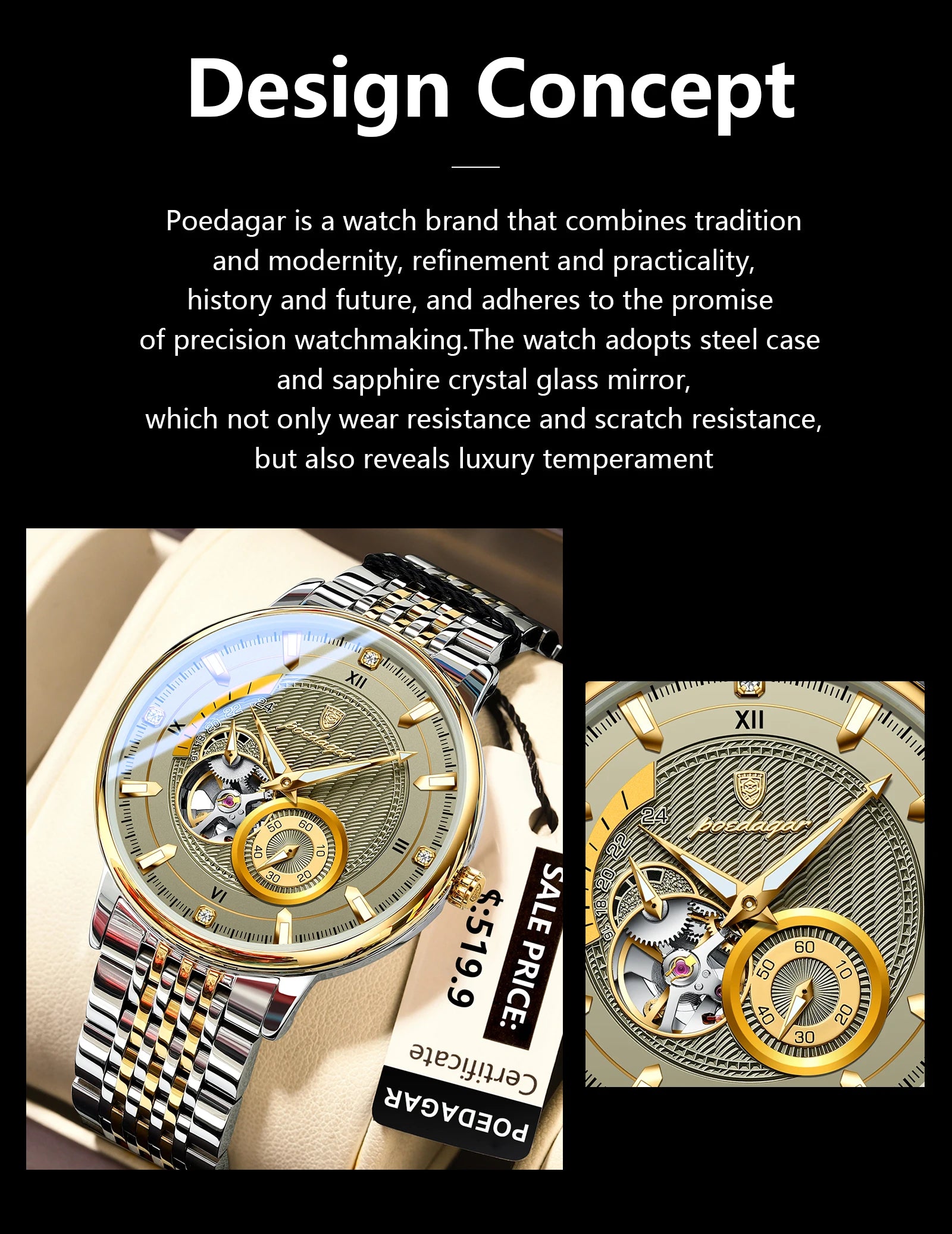 POEDAGAR Luxury Man Wristwatch Top Automatic Mechanical Luminous Men Watch Hollow Tourbillon Stainless Steel Men's Watches Reloj