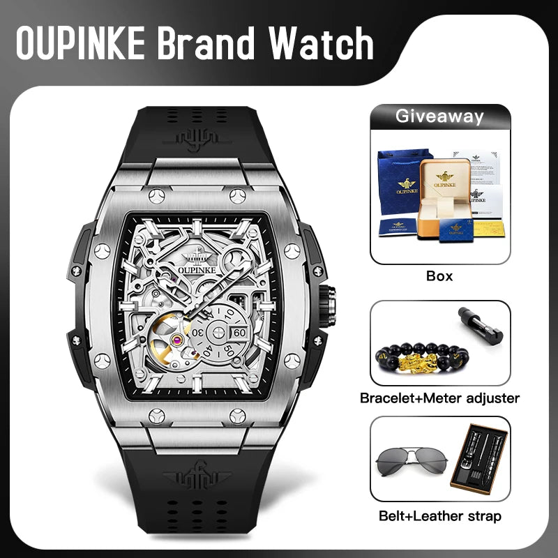OUPINKE 3213 Mens Watch Skeleton Automatic Mechanical Watch 50M Waterproof Silicone Strap Sports Watch Sapphire Lens Gift Box