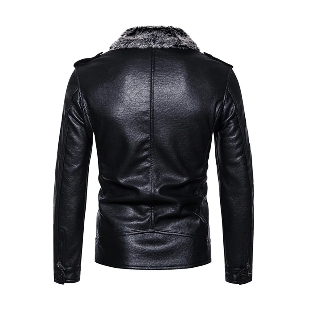 Men's faux leather jacket, coarse velvet leather jacket with motorcycle lapel, fashionable multi-pocket fitted casual coat