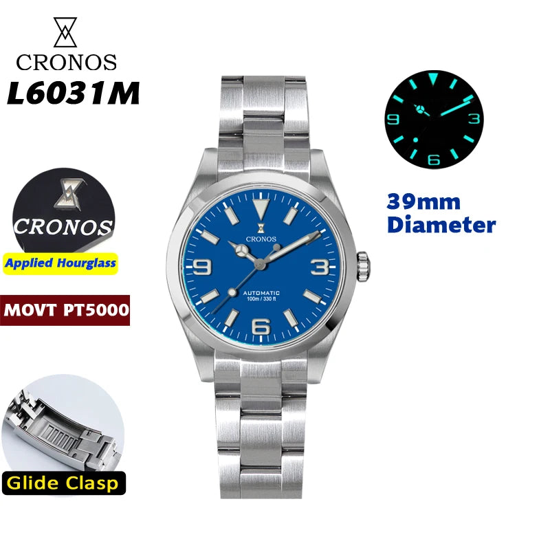Cronos EX Diver Mechanical Men Watch 39mm Automatic PT5000 Sapphire Glass Bushed Bracelet Glide Clasp 10ATM  L6031