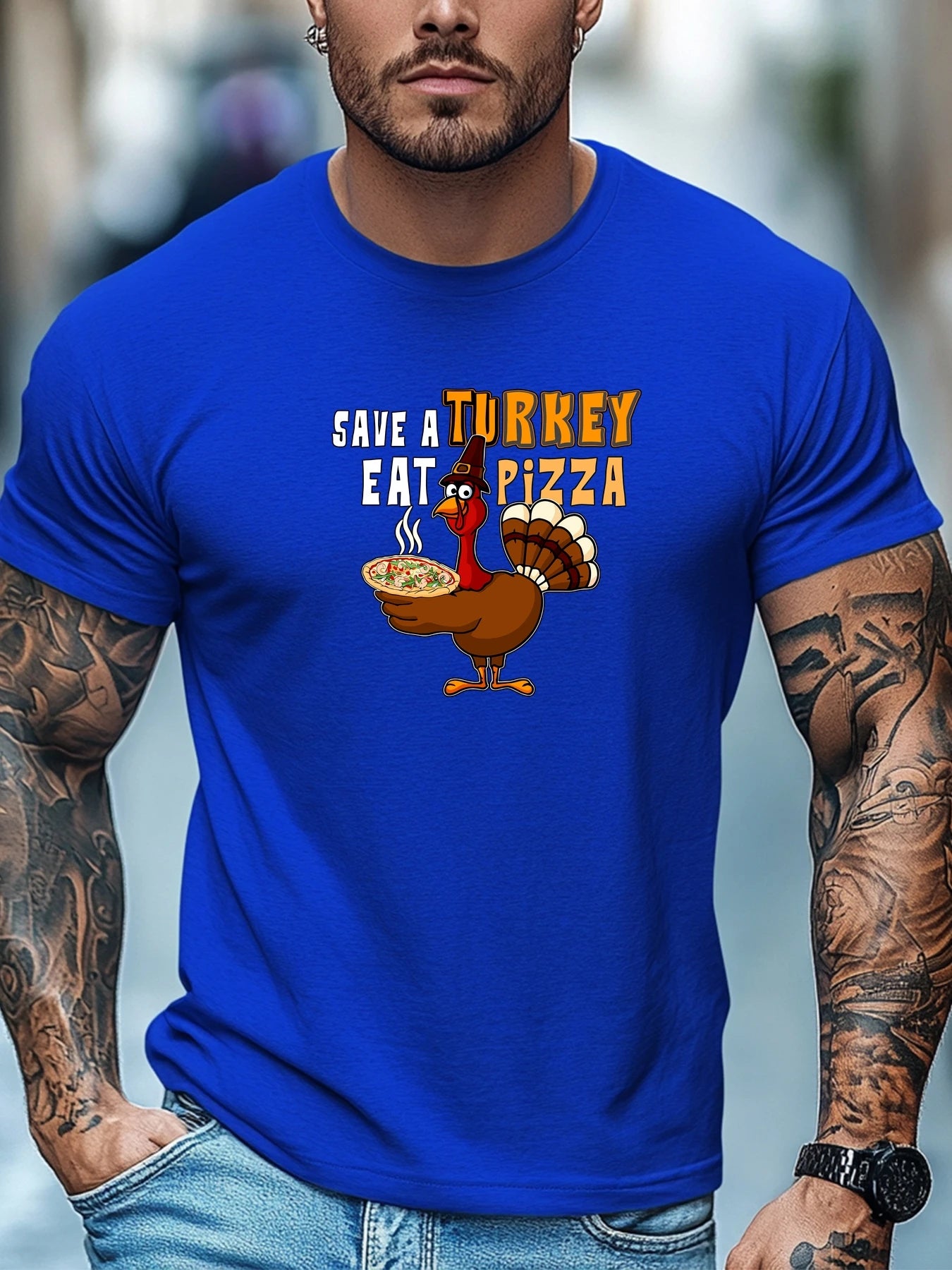 Men t-shirt SAVE A TURKEY EAT PIZZA Graphic Summer Soft Comfort Fit Tee Daily Wear Tops